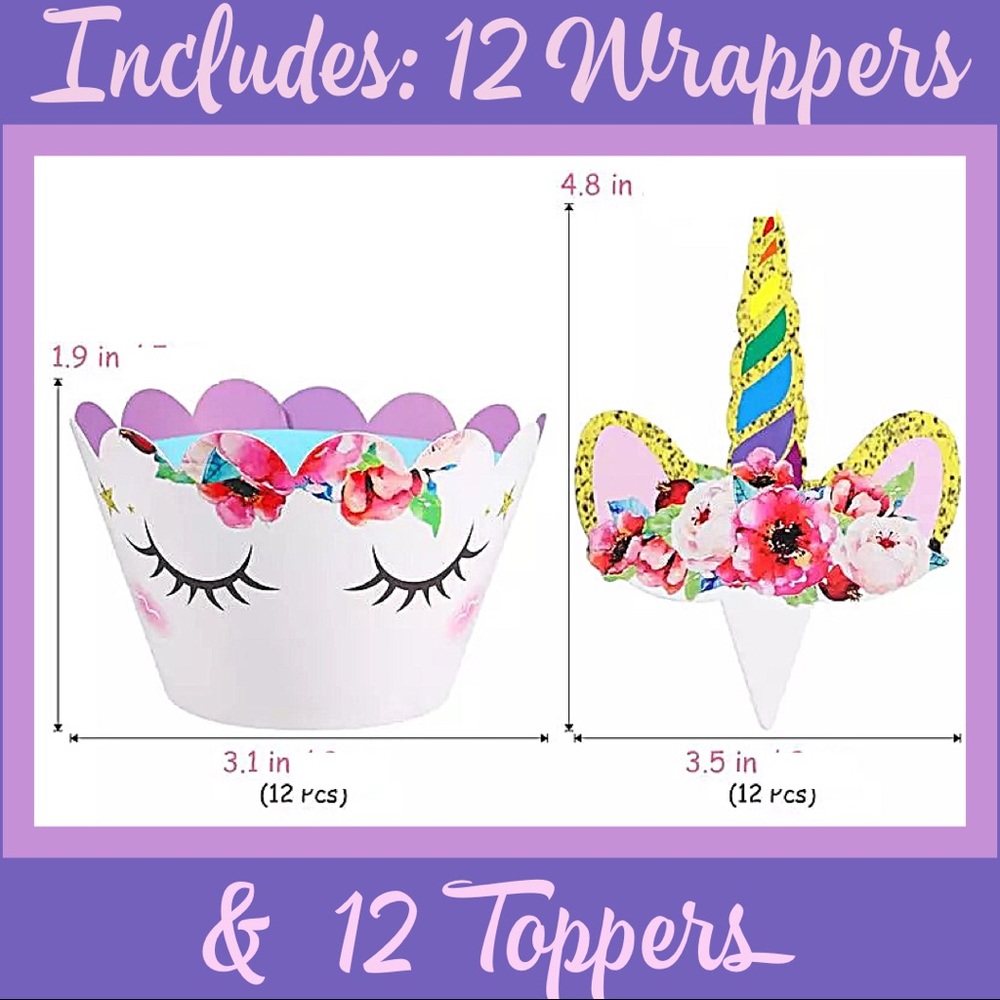 Unicorn & Rainbow Cupcake Toppers & Wrappers NWT - Picture 1 of 7
